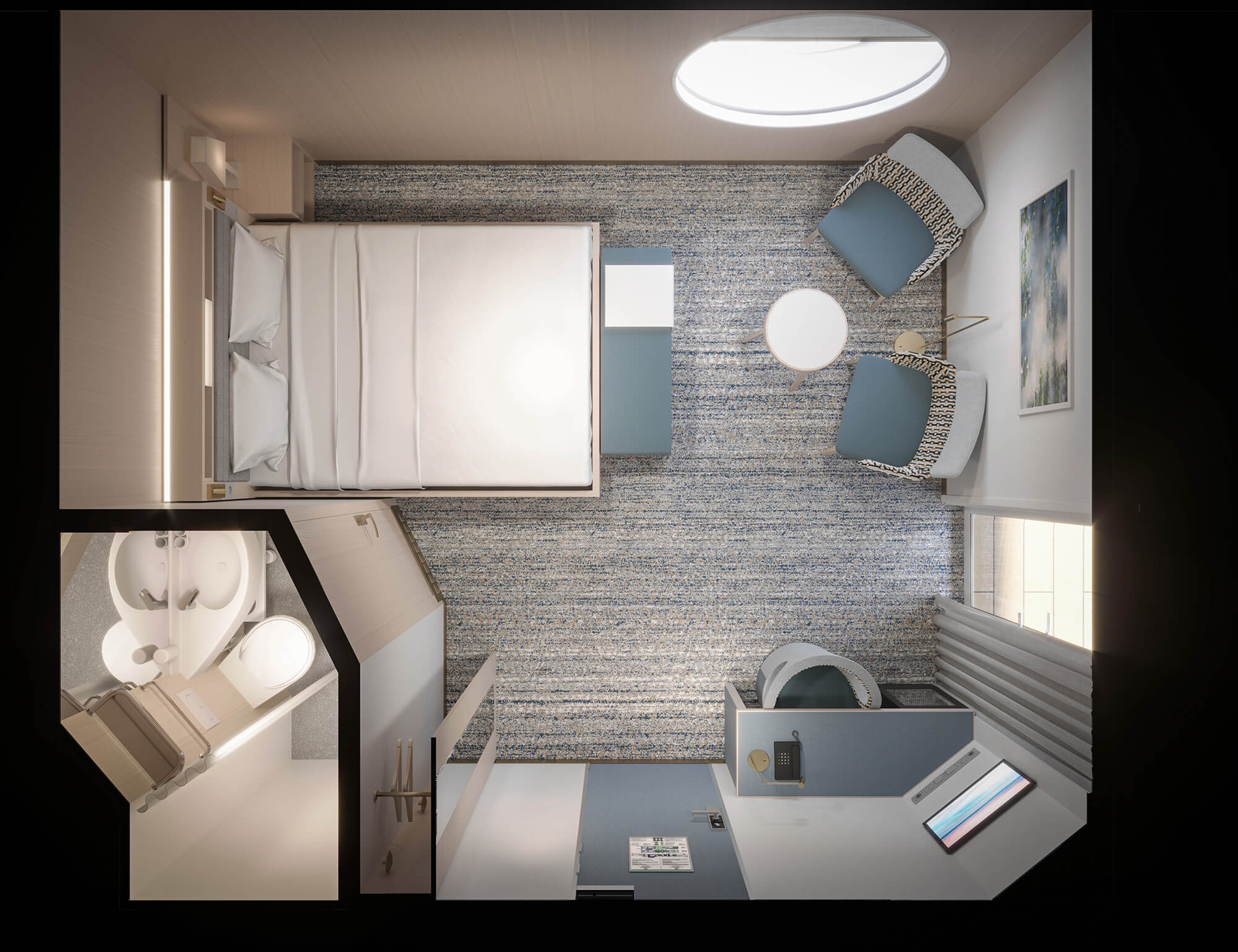 2-berth Commodore cabin floor plan on the Guillaume de Normandie showing queen-size bed, seating area, bathroom and private terrace